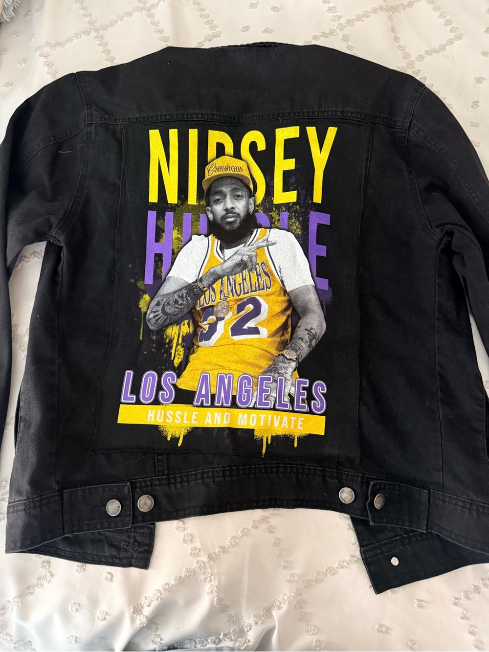 Nipsey Hussle Los Angeles Graphic Black Denim Jacket by Patrol Jeans Red Label